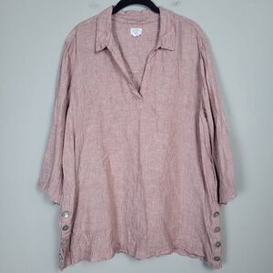 Sigrid Olsen Womens 100% Linen Tunic Top Size 1X Pink 3/4 Sleeve Lagenlook Beach
